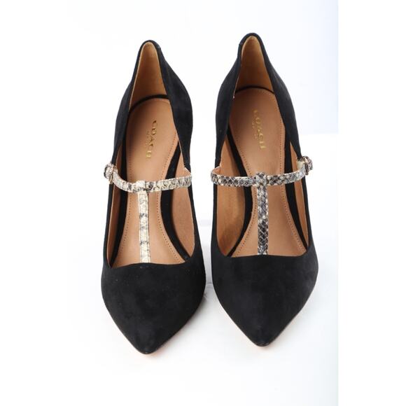 Coach Fulton Black Suede Snake Embossed Leather T-Strap Heels Pumps Size 8.5 B - Picture 8 of 16